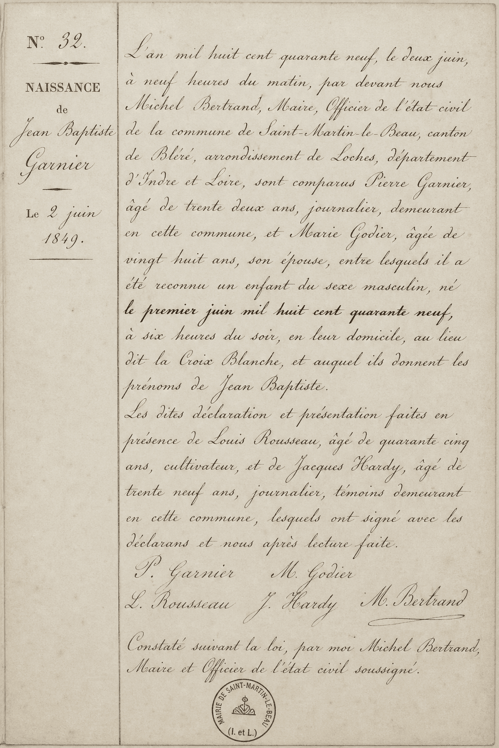 Scan d'un acte de naissance de 1849, registre de Saint-Martin-le-Beau, écriture manuscrite à l'encre brune.